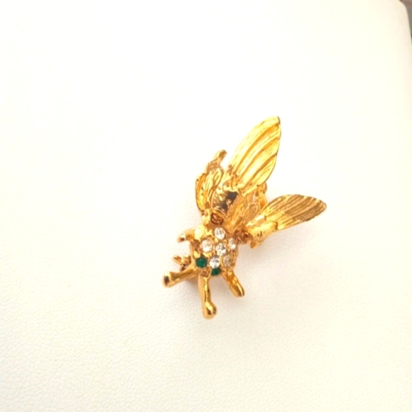 Bee Brooch Rhinestones Wings Move Green Rhinestone Eyes Fly 1980s 1.5" Insect - Picture 2 of 6